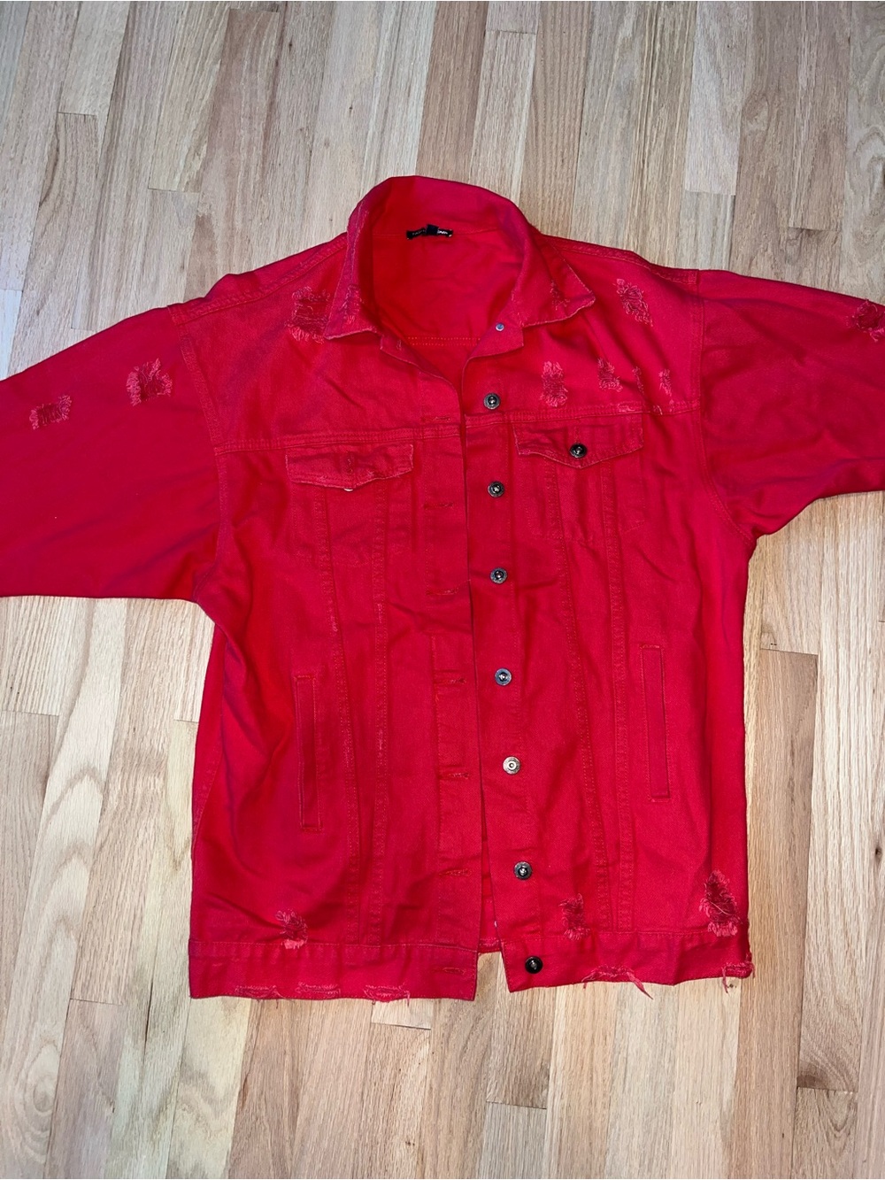 Fashion Nova Red Distressed Button-Down Jacket